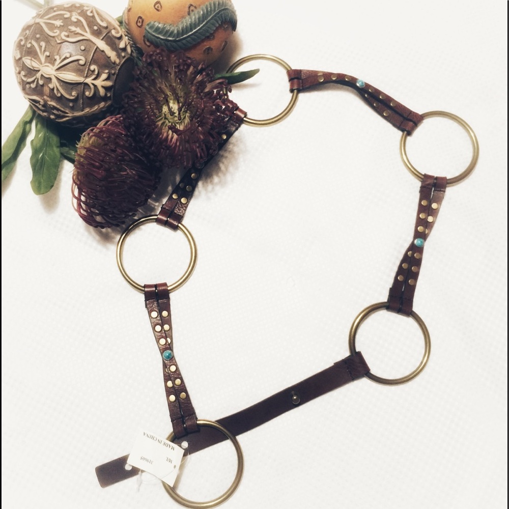 ✔️Vtg Leather Hippie Ring Stud and Stone Hoop Belt